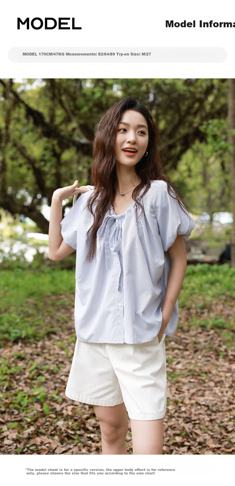 Dme [Academic Style Striped Shirt] Summer Youthful Lantern Sleeve Collar Butterfly Stripe Short-Sleeve Women's Shirt 12