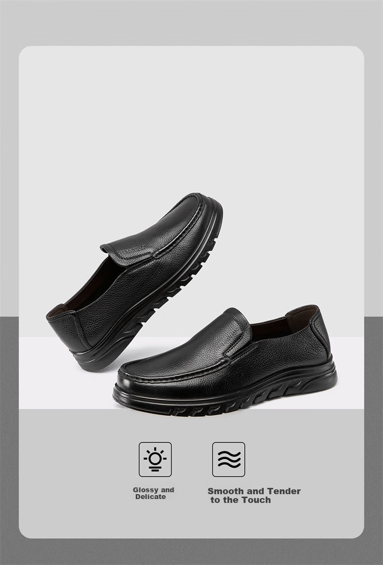 Yierkang Casual Leather Shoes for Men, Comfortable Slip-On Loafers with Perforated Design for Middle-Aged Fathers, Model 61775W, Black, Size 41 24