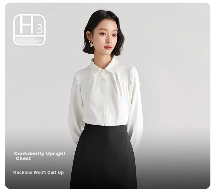 Bodexiaojie White Blouse for Women, Professional Commute Straight Shoulder Top, Petite Elegant Outfit, Formal Shirt 7