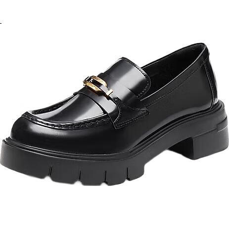 STACCATO Yang Mi's Same Style Yaojin Jazz Loafers Women's Leather Shoes EGB28CA5, Cool Black, Size 38