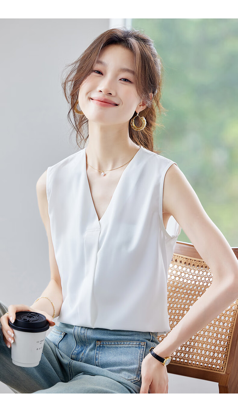 Jeanswest Women's Sleeveless Shirt 2026 Summer V-Neck Elegant Versatile Top Apricot XL 5