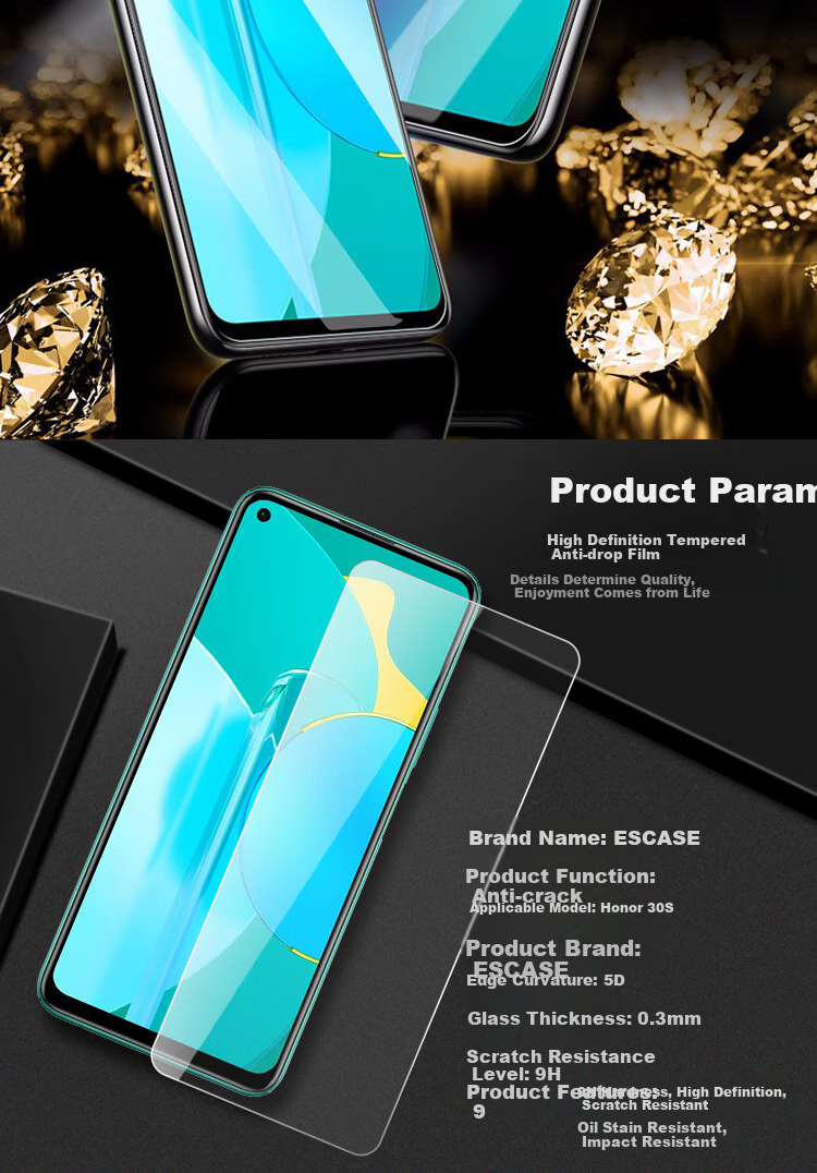 ESCASE Honor 30/30S Tempered Glass Screen Protector, Non-Full Coverage for 5G Phones, No White Edge, Shatterproof [High Definition] 1