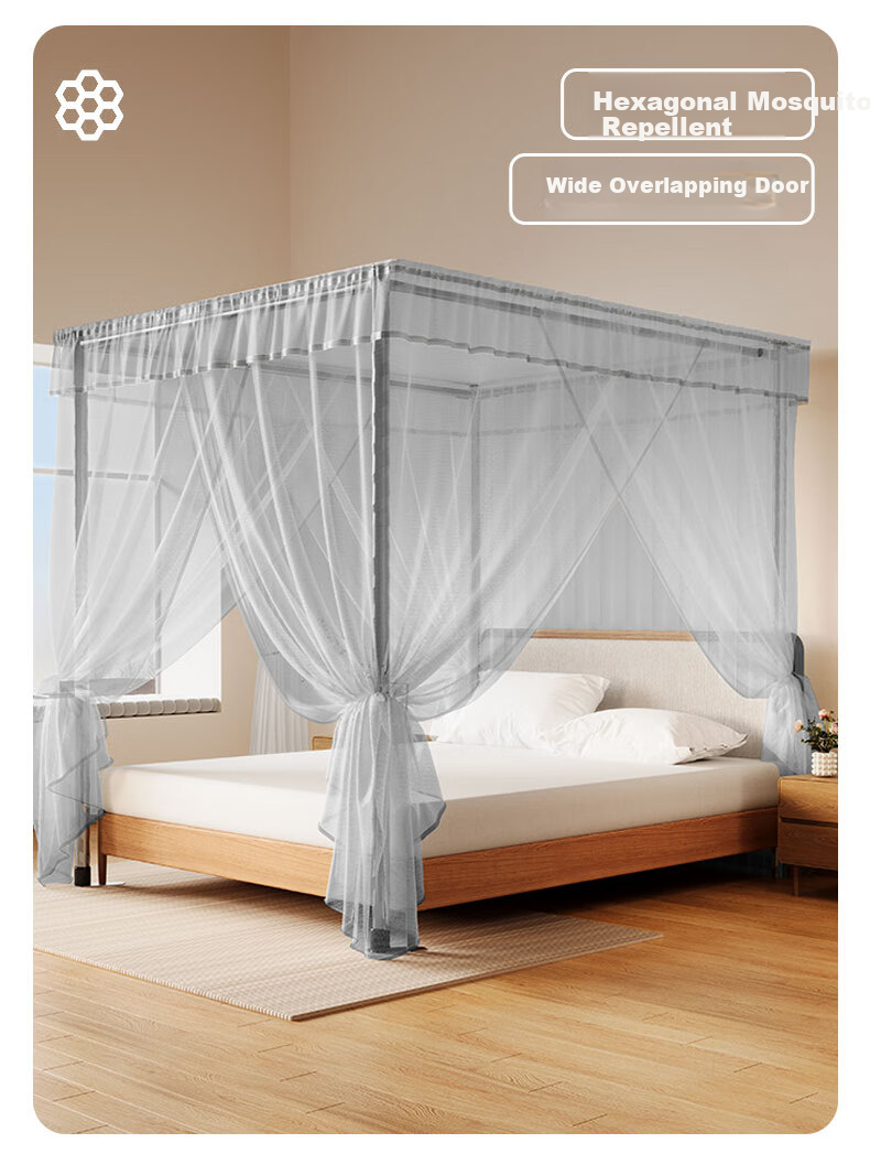 Cottonfaith Class A Household Bedroom Square Top Palace Floor Mosquito Net Frame Three-Door 1.8x2 Meters Premium Gray [Bold Bracket] 4