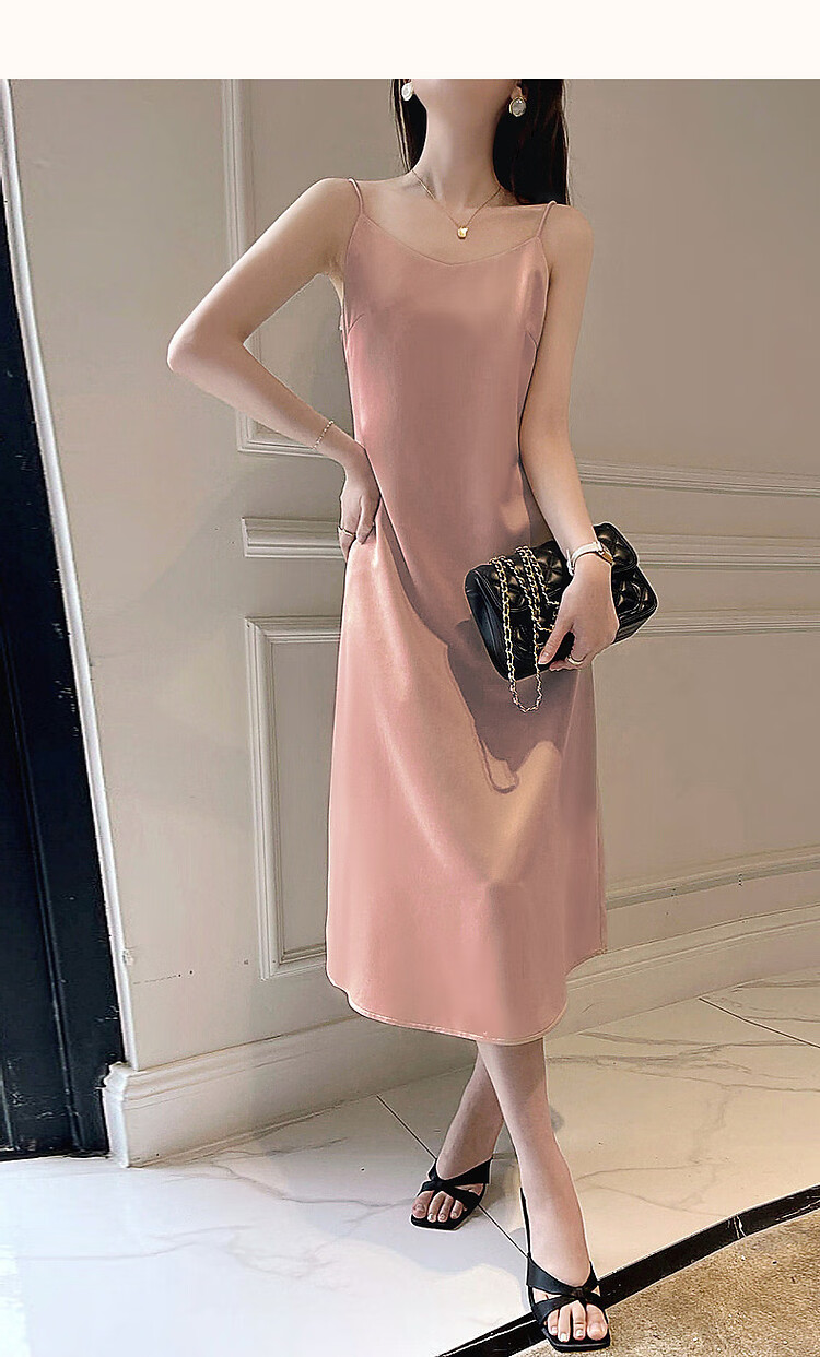 Dme [Glossy Satin Spaghetti Strap Dress], Elegant X-Shaped Spaghetti Strap Midi Dress for Women, Spring And Summer 7
