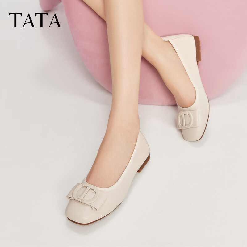 TATA Plain Flat Shoes with Cream Leather, Versatile Casual Shoes, Evening Shoes, Mom Shoes, Beige [Skin-Like Cowhide], Size 35