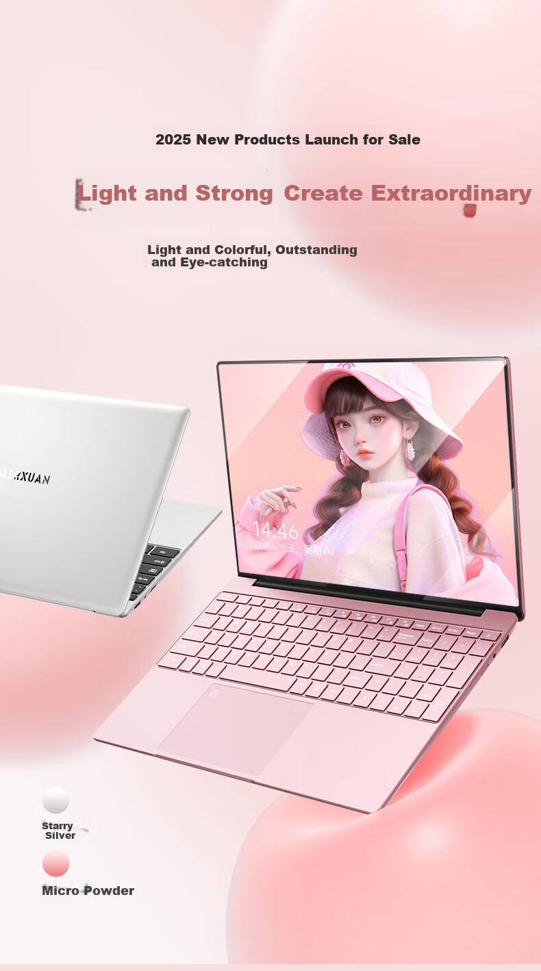 AIERXUAN 2026 New 15.6-Inch Business Office Student Online Class Laptop, Goddess Pink, 16GB Large Memory + 512GB Large Capacity 1