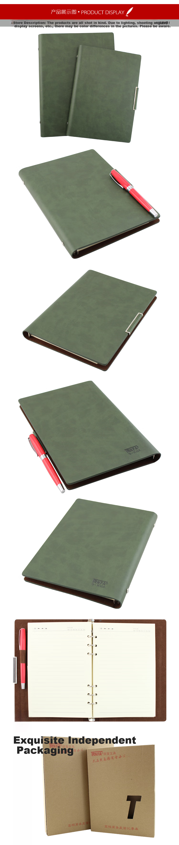 TRNFA TB-H307 High-Quality Office Notebook Premium Business Journal Faux Leather Vintage Pendant Loose-Leaf Notepad Office Stationery (Gray) 23.5*17cm 6
