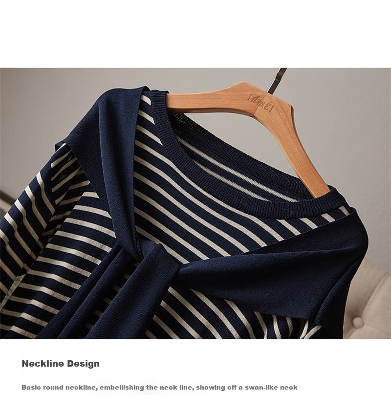 Dme [French Knit Sweater] Spring And Autumn Round Neck Double Curved Striped Contrasting Color Women's Knit Sweater, Off-White, XL 6