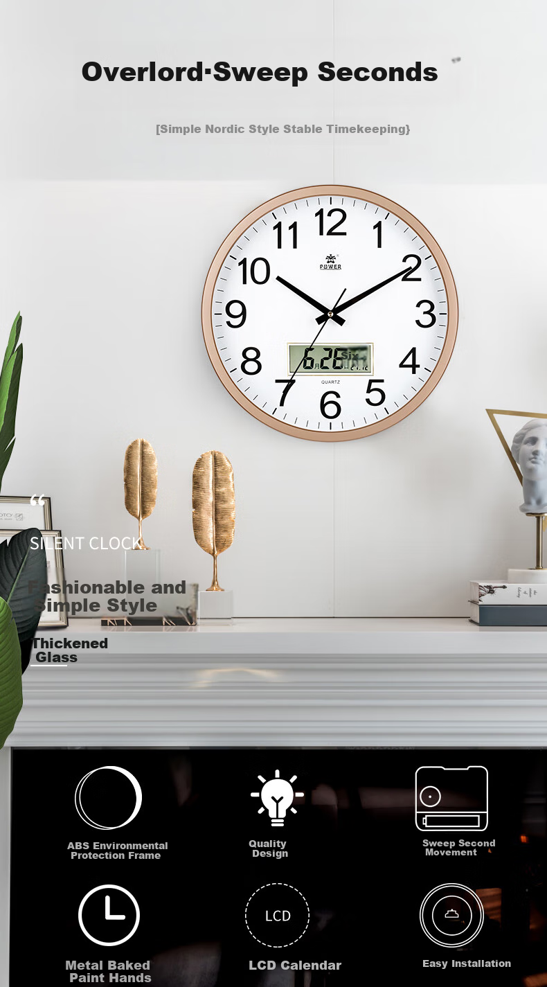 POWER Bawang Wall Clock, Living Room Simple Round Clock, Wall-Mounted Quartz Clock with Calendar, 40cm Silver, BW24006F1 1
