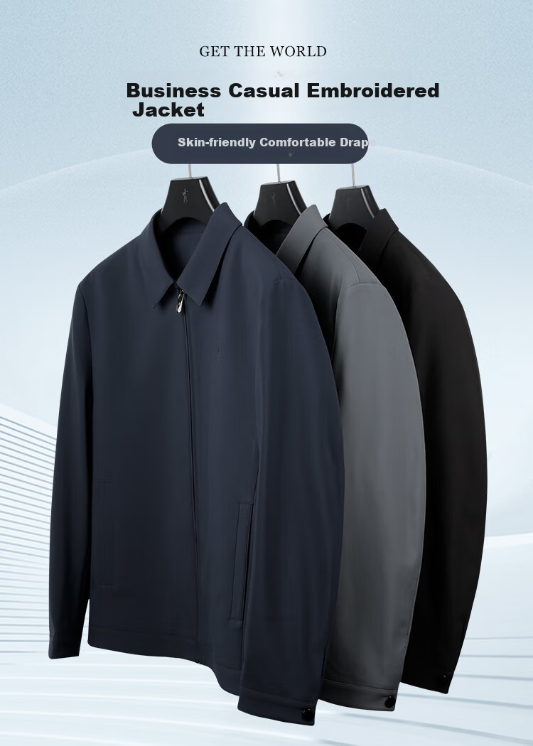 TRIES Men's Jacket, Lightweight Business Casual Embroidered, Spring And Autumn New Arrival, Turn-Down Collar, Structured Solid Color Jacket, Outerwear 1
