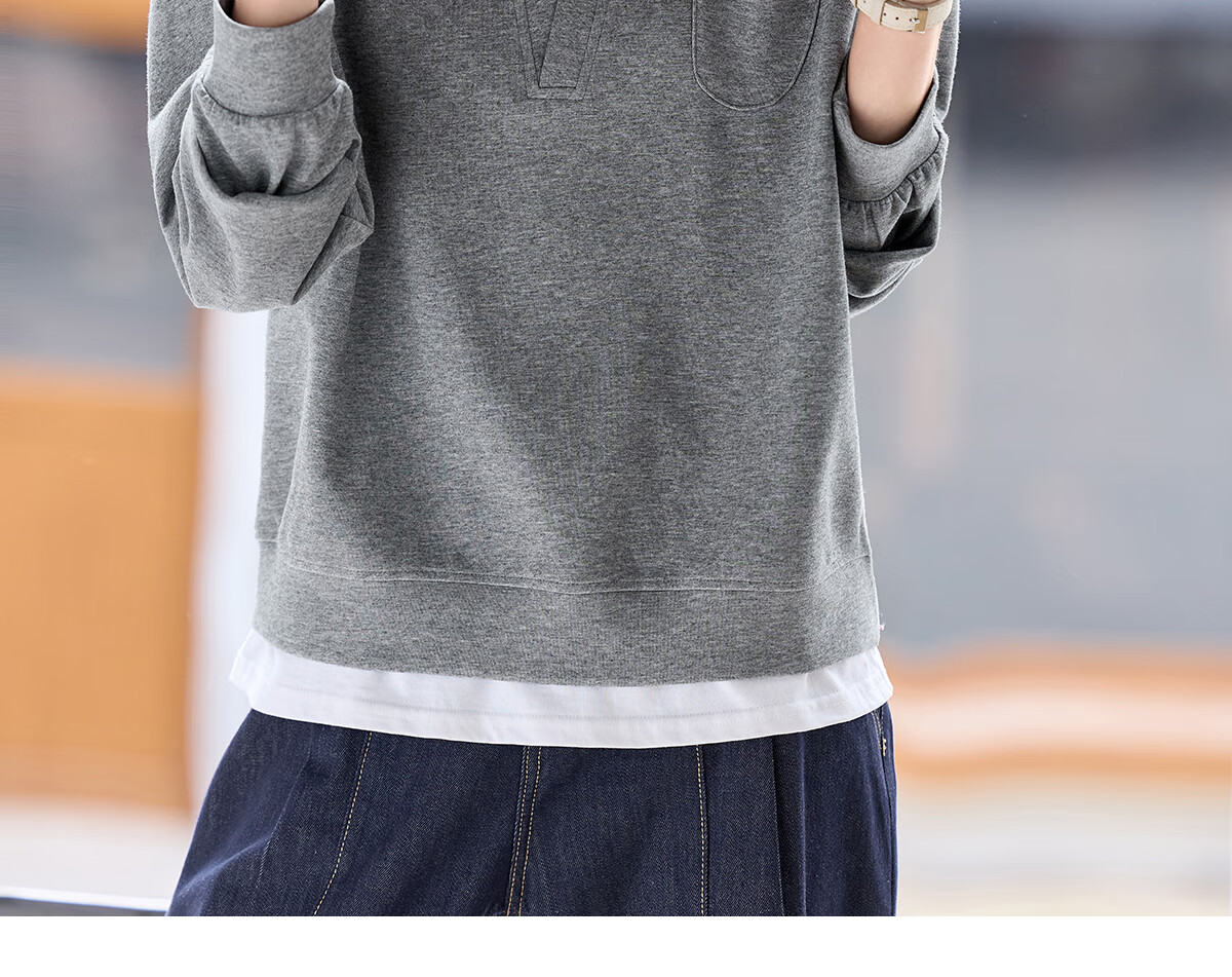 PinCai Women's Casual V-Neck Fake Two-Piece Loose Slim Layered Sweatshirt P53W050 25