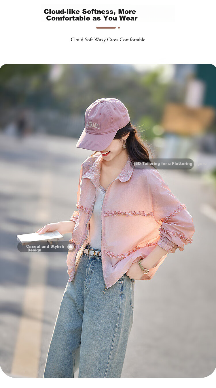 Shangjing Sweet Lace Trim Jacket, 2026 Summer New Lightweight Lace Patchwork Loose Sun Protection Coat for Women, Pink, S 2