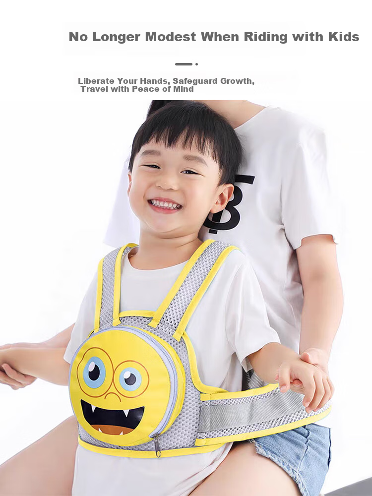 9I9 Children's Electric Bike Safety Belt, Baby Carrier, Battery-Powered Scooter, All-Season Mesh Strap, Anti-Fall Reflective Strips, Storage Bag, Yellow 10