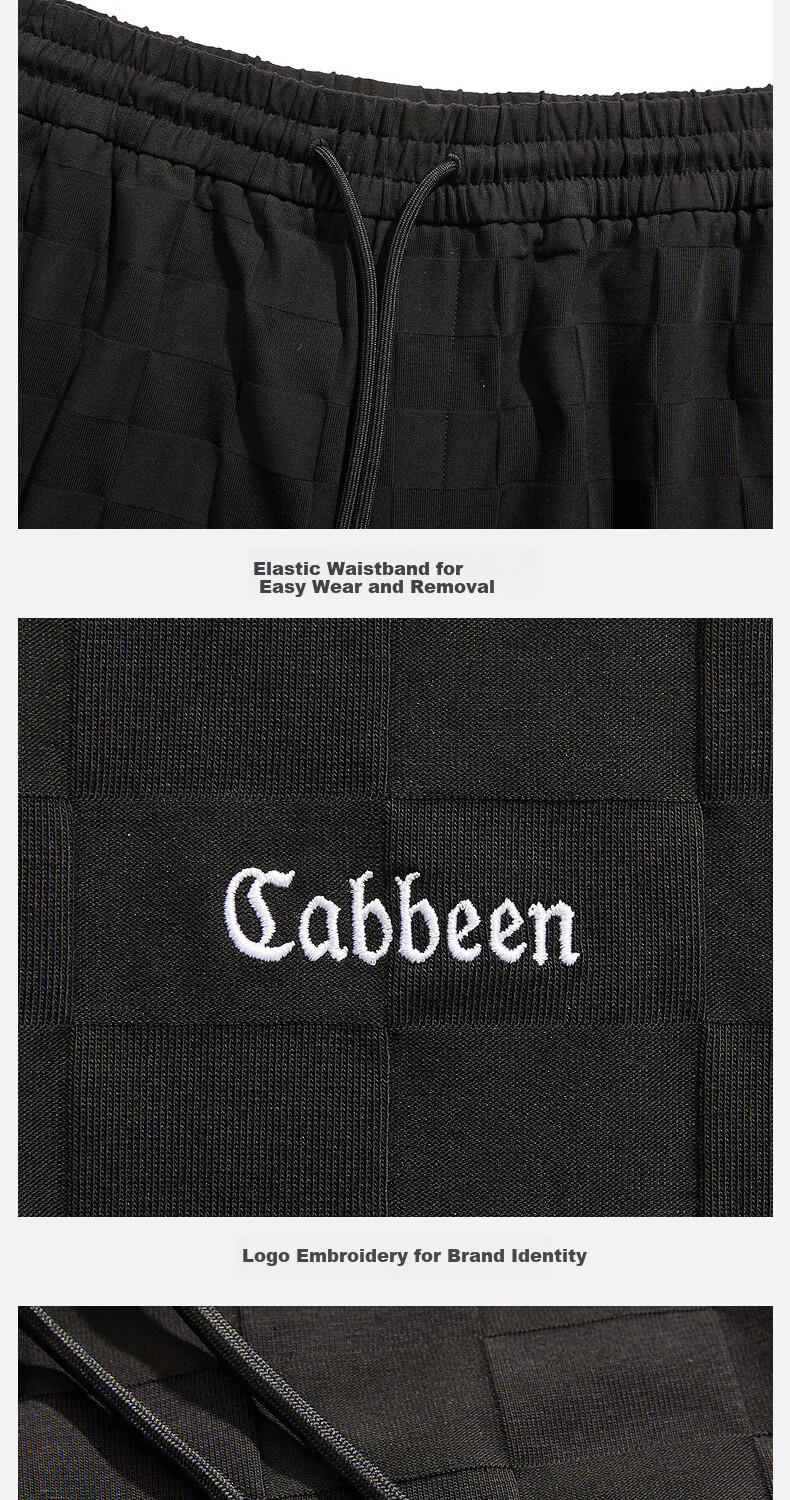 CABBEEN Men's Checkered Jacquard Sports Shorts, Summer Wide-Leg Sweatpants with Embroidery, Trendy, Coal Black, Size 48 6