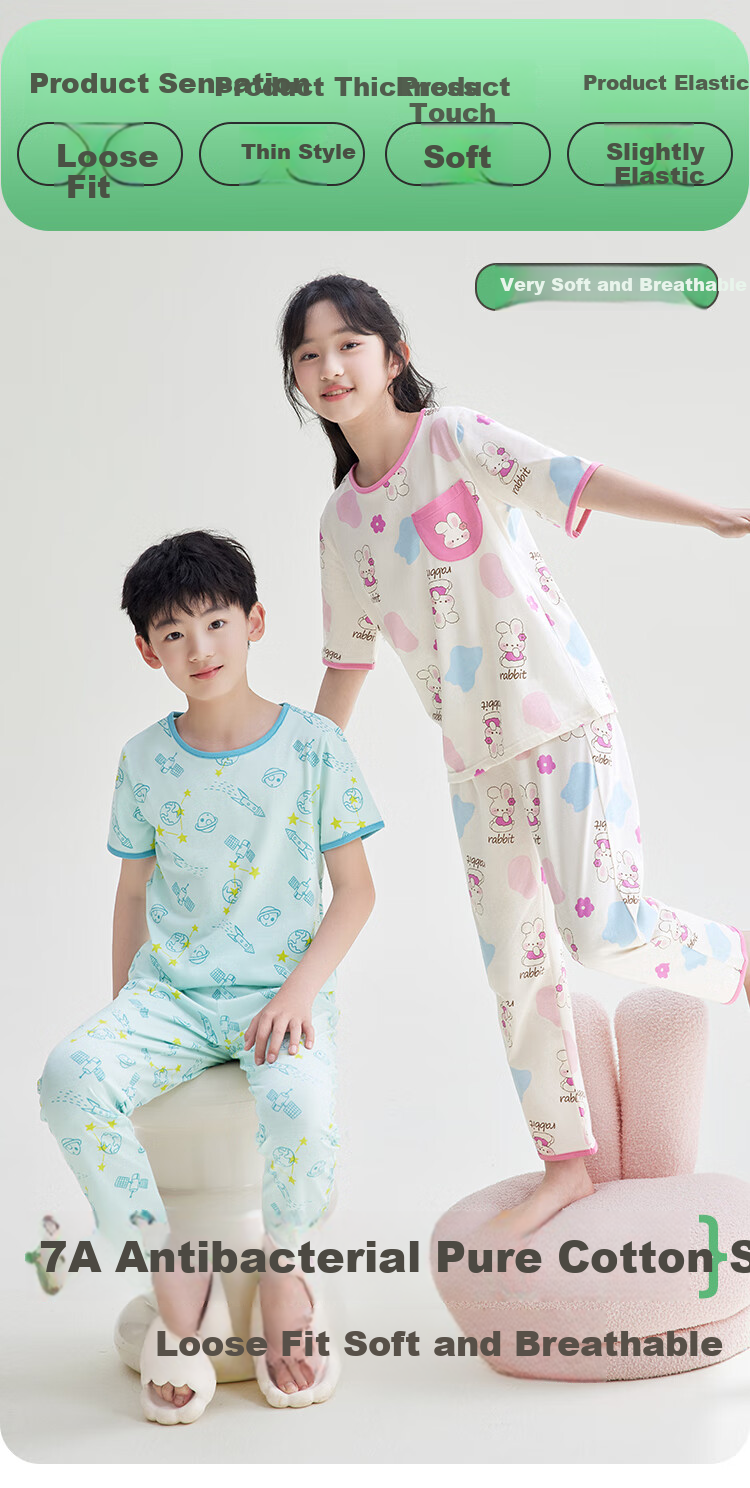 Hodohome Children's Pajamas, Girls' Pure Cotton 7A Antibacterial Short-Sleeve Capri Pants, Home Wear, Cartoon Air Conditioning Suit for Girls, 306, Size 120 1