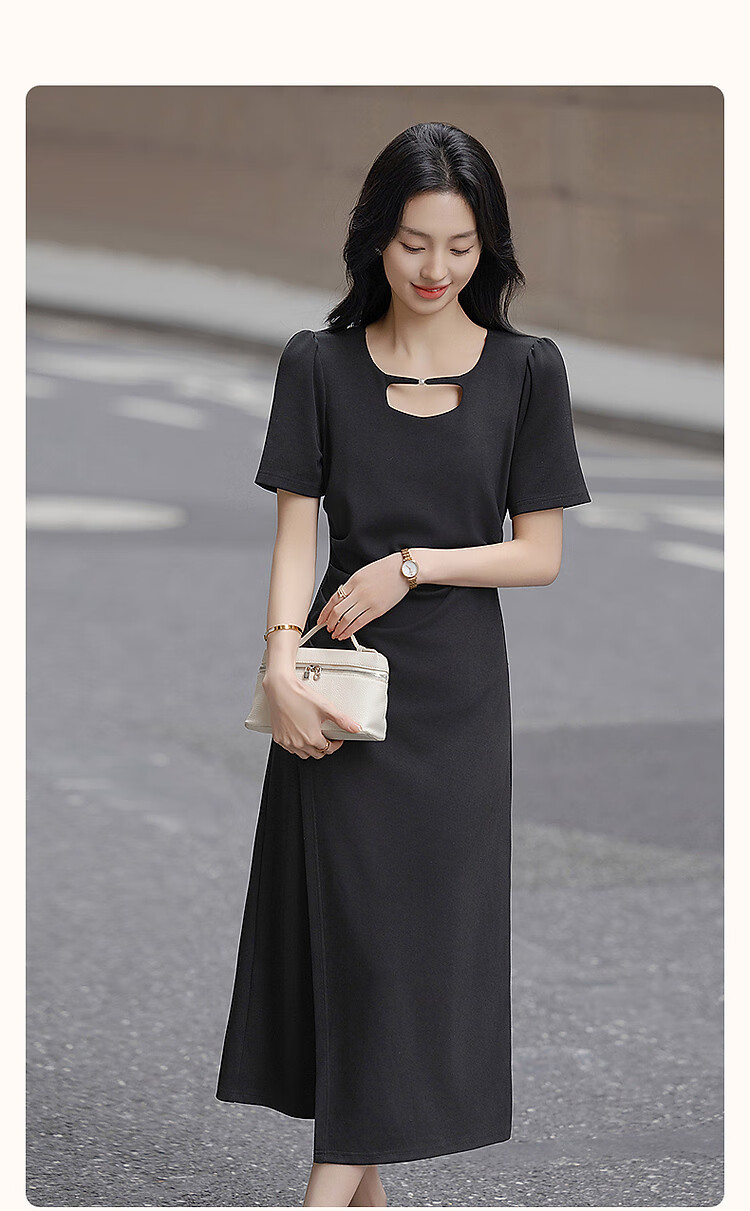 Dme [Black Spade Contract] Summer Elegant 250G Cotton-Like Breathable Layer Round Neck Waist-Cinching Side Slit Women's Dress 2