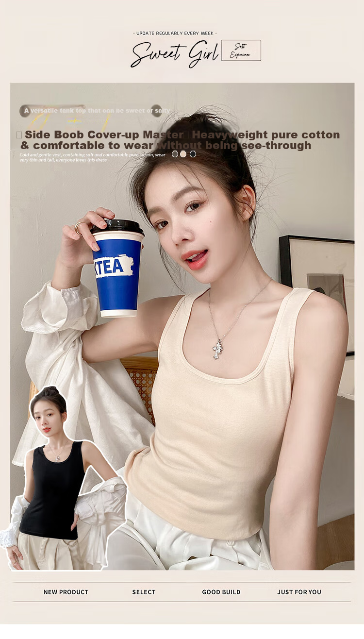 Hengyuanxiang [Pure Cotton] Women's Camisole Tank Top, Beautiful Back Design, Can Be Worn As Outerwear, Round Neck - Gray 1