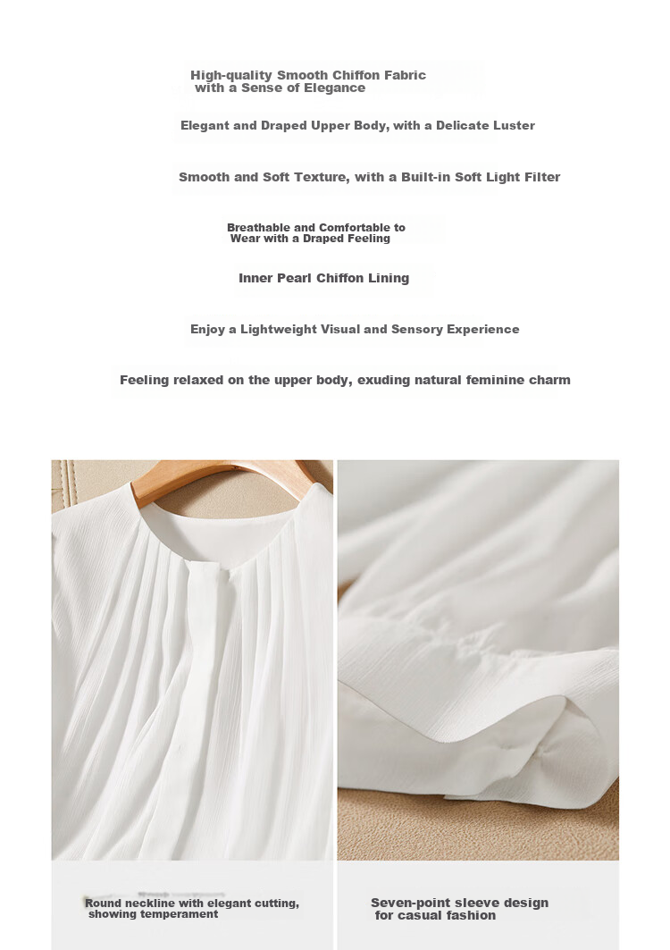 Sentubila Fashionable Round Neck Three-Quarter Sleeve Chiffon Blouse for Women, Autumn Elegant Youthful Style Office Wear Top, White, Size S 4