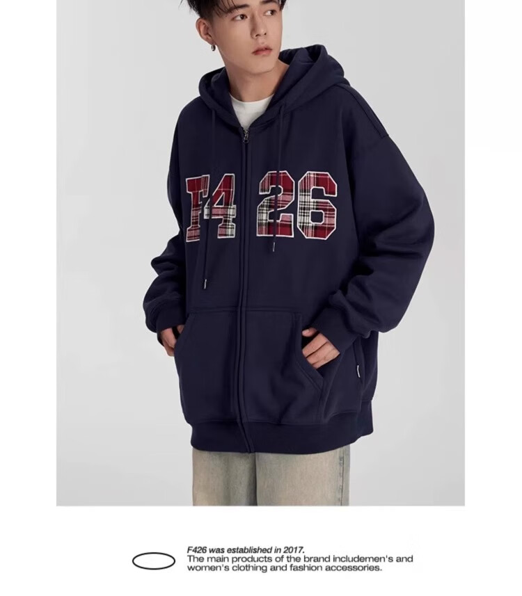 F426 [Zhao Lusi's Style] National Trend Brand Loose Fit Large Logo Plaid Patchwork Embroidered Sweatshirt Jacket, Floral Gray, L 4