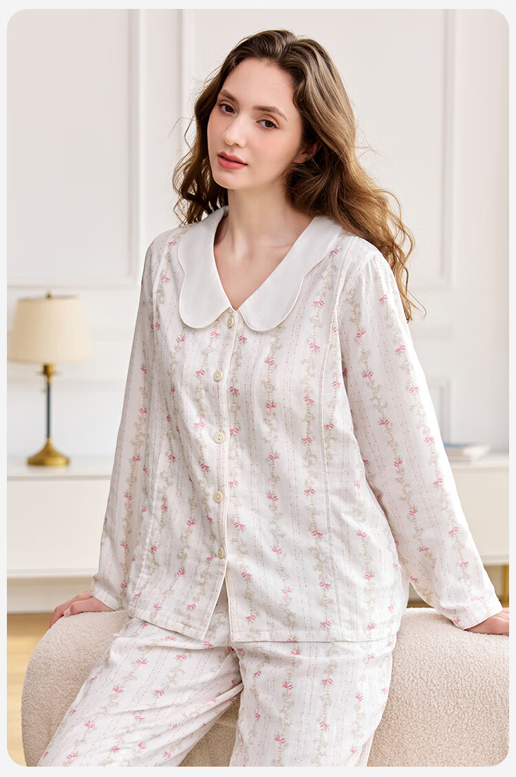 Ying's Maternity Postpartum Set Autumn New 10A Antibacterial Double-Layer Cotton Gauze Nursing Pajamas Homewear Pink M 21