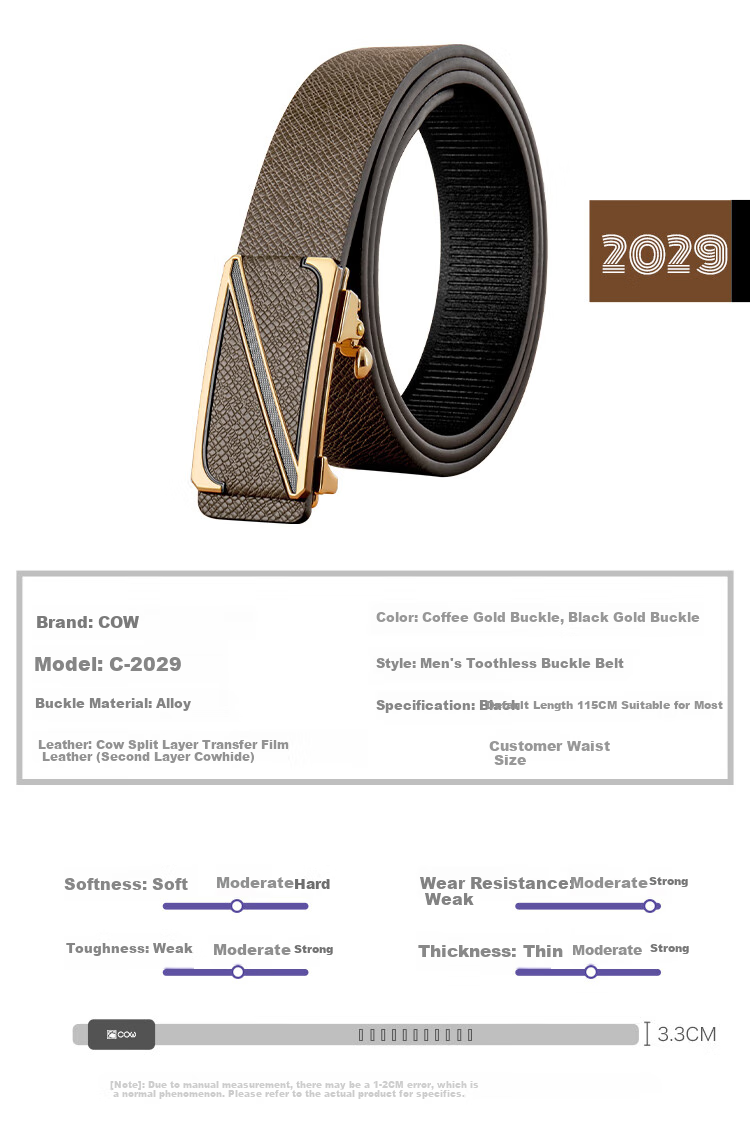 COW Men's Belt, Automatic Buckle without Teeth, Cowhide Waistband, Gift Box, Simple Business Style, Trouser Belt, Father's Day Gift, 2029 2