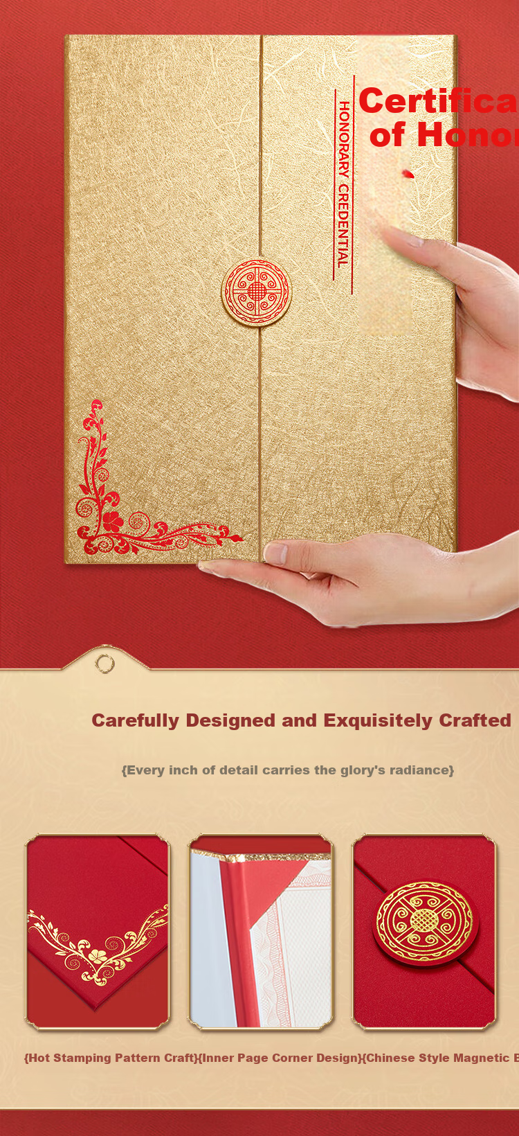 Kingdee Single Book 12K Honor Certificate Tri-Fold Design, Exquisite Gold-Stamped Red Award Certificate for Recognition, Office Stationery 5