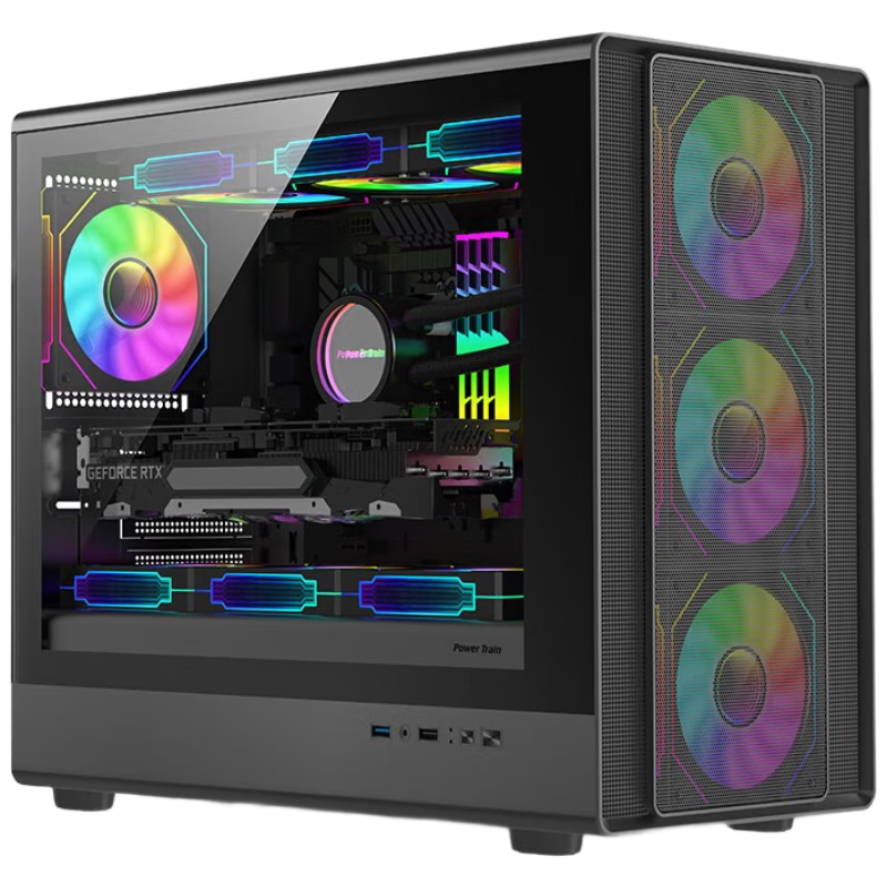 PowerTrain N1 Black MATX Case, Desktop Computer Tower with Glass Side Panel, Mesh Ventilation, Supports 360/240/120mm Water Cooling, Graphics Card Length Limit 420mm