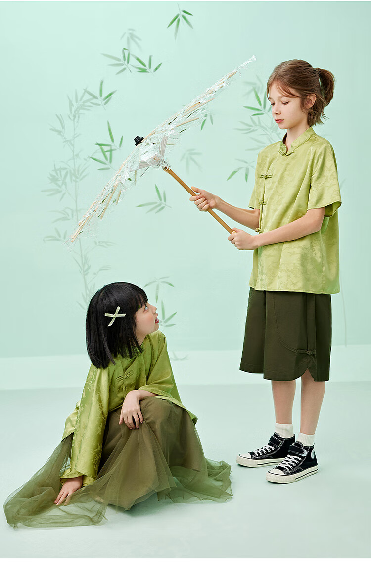 Zhimu Children's Clothing, New Chinese Style Satin Button Stand Collar Boys' Shirt, 2025 Summer New Kids' Wear, Green, Size 150 2