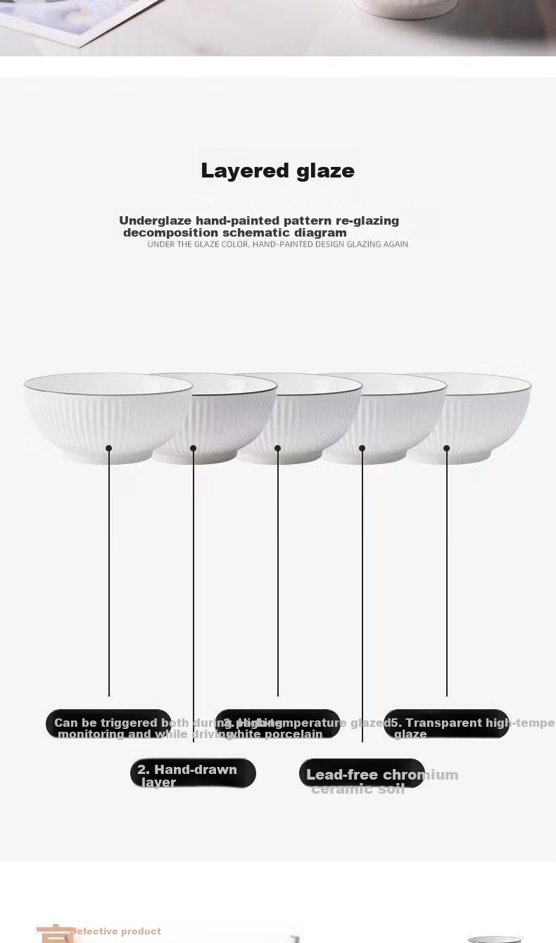 Hechuanwu Large Japanese-Style Underglaze Color 8-Inch Hara Nami Bowl for Noodles, Home Use, Set of 2, Vertical Striped Black Line 3