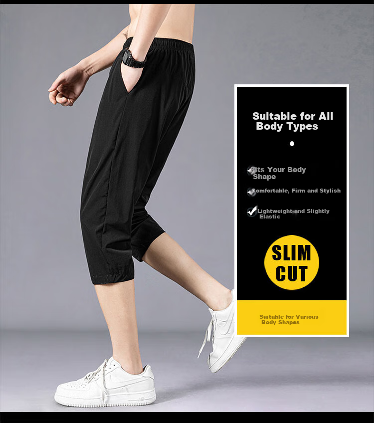 VANCAMEL Men's Shorts, Summer Seven-Point Pants, Thin Ice Silk Quick-Dry Sports Elastic Breathable Casual Pants, Black, XL 1