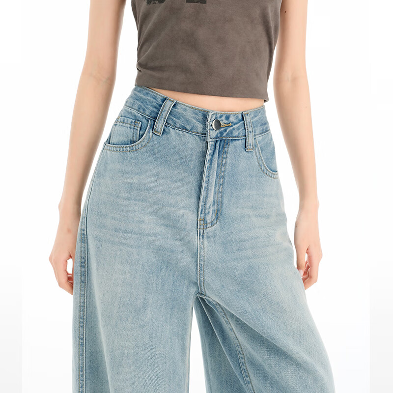 JEANSWEST Women's Jeans Autumn Wide-Leg High-Waist Loose Draped Slimming Floor-Length Straight Pants Light Blue L