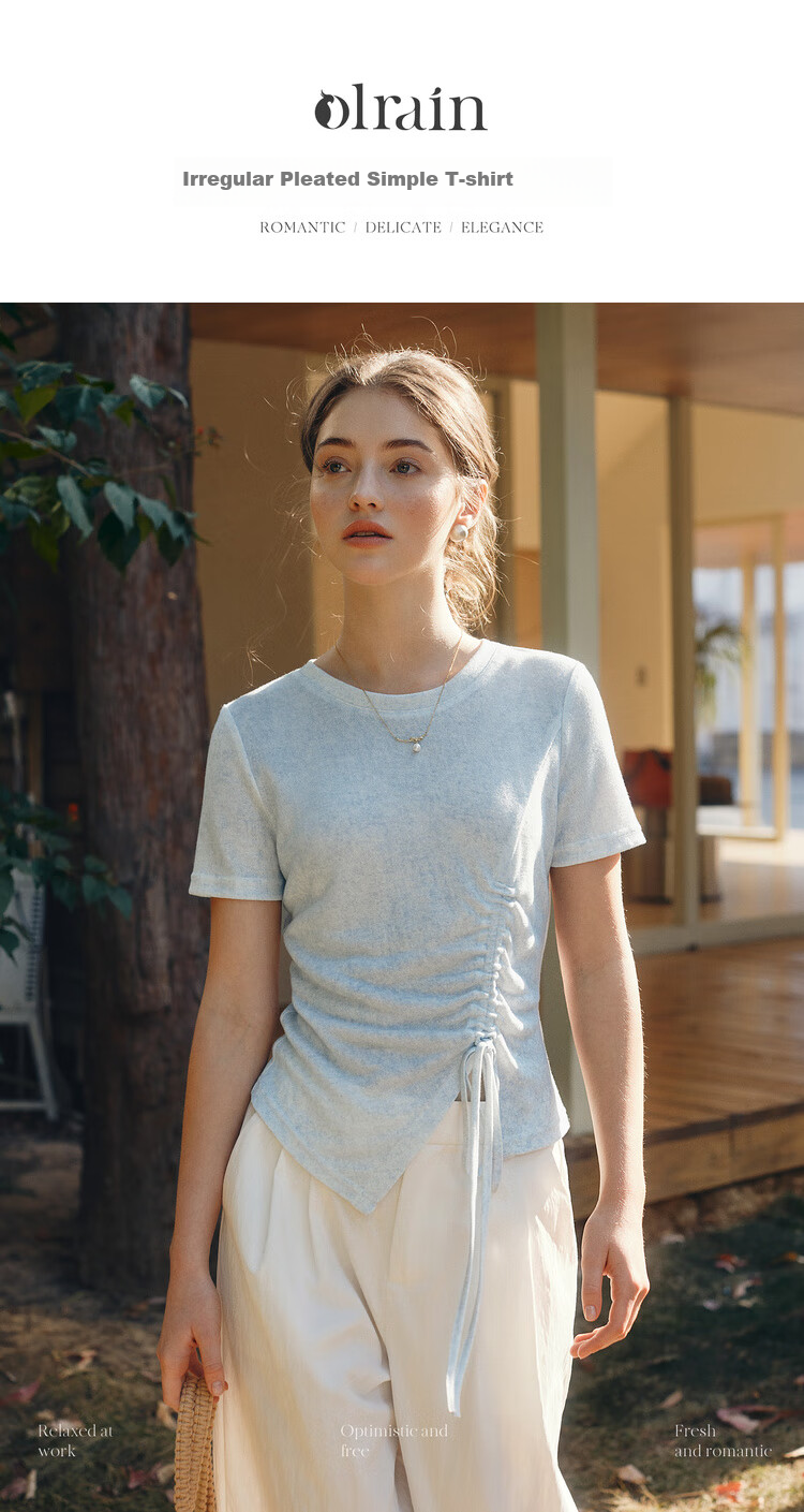 Olrain Oureier Solid Color Irregular Ruched Simple T-Shirt Summer New Waist Ruched Design Top Blue S 1