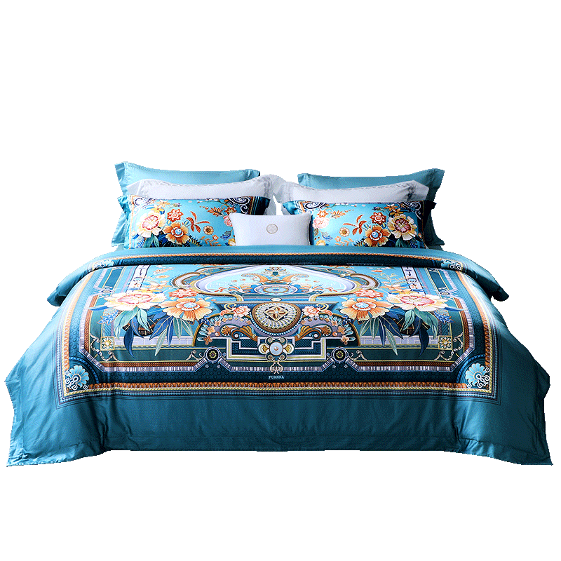 Fuanna 4-Piece Set 140s Double-Ply Pima Cotton Sateen Bed Sheet and Duvet Cover High-End Digital Print 203x229cm