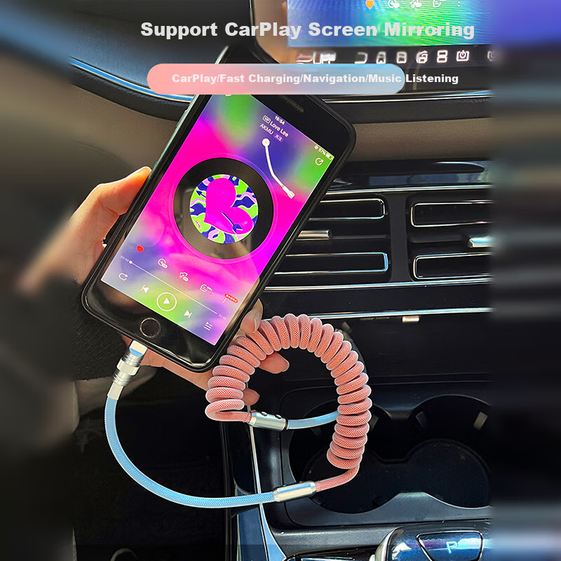 Автомобильный зарядный кабель Dijialun Retractable Spring для iPhone, с двумя портами быстрой зарядки, совместимый с Mercedes-Benz, BMW, Audi, Volkswagen