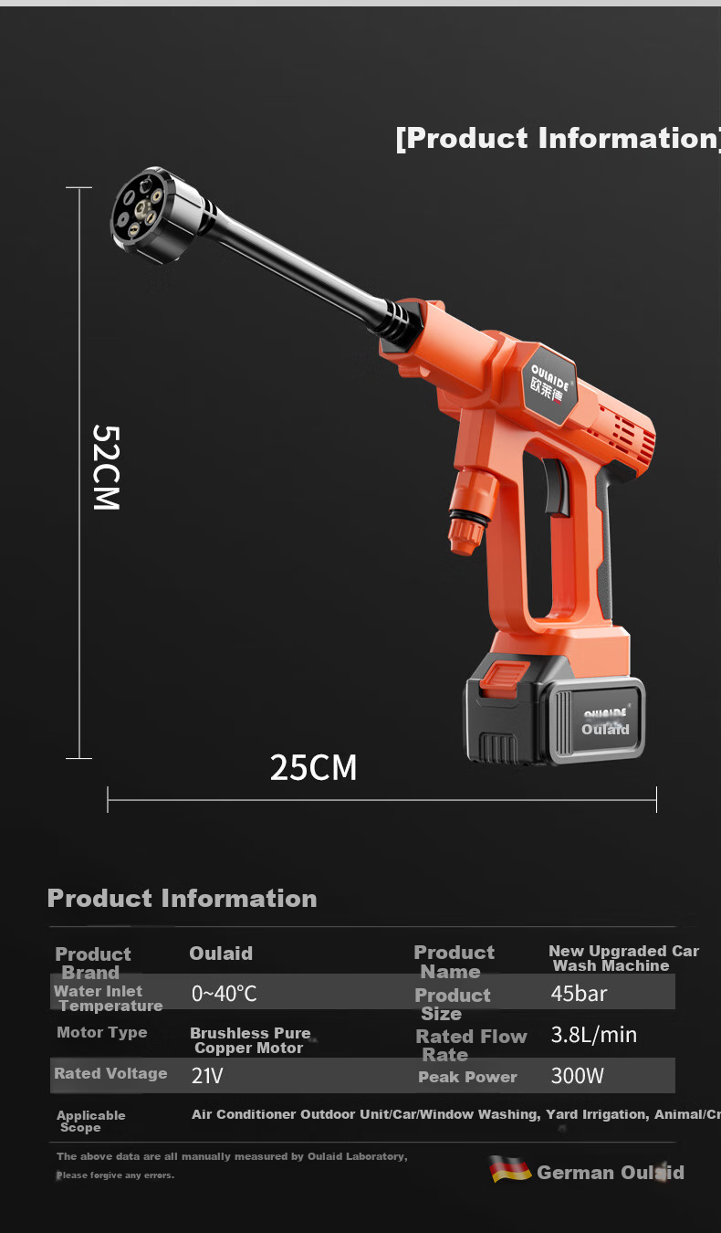 Oulaide Car Wash High-Pressure Water Gun, Brushless Cordless Lithium Battery Car Washer, High-Power Portable Car Cleaning Pump, Car Washing Tool 22