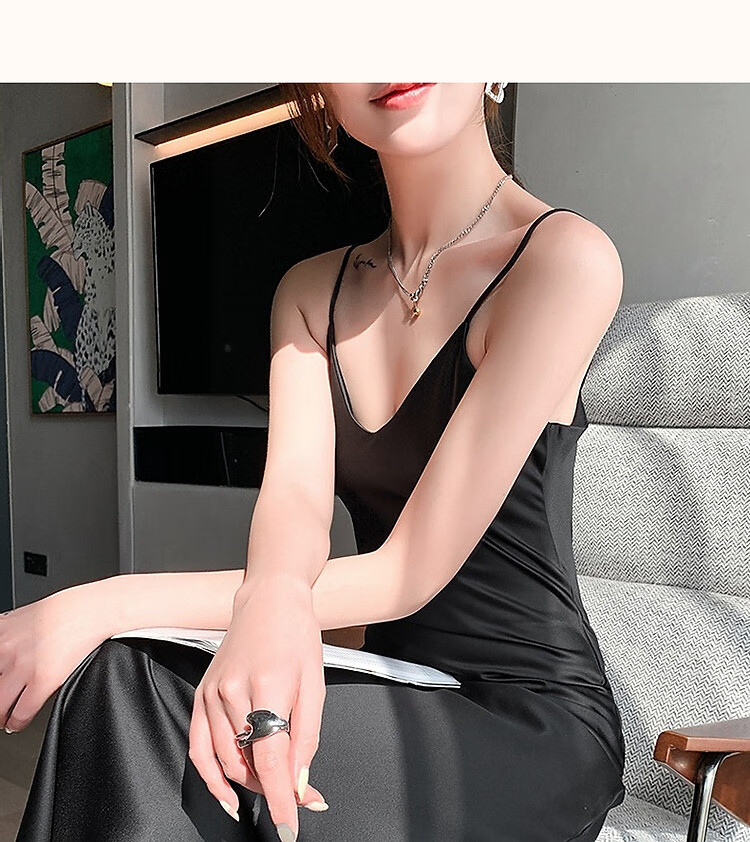 Dme [Glossy Satin Spaghetti Strap Dress], Elegant X-Shaped Spaghetti Strap Midi Dress for Women, Spring And Summer 6