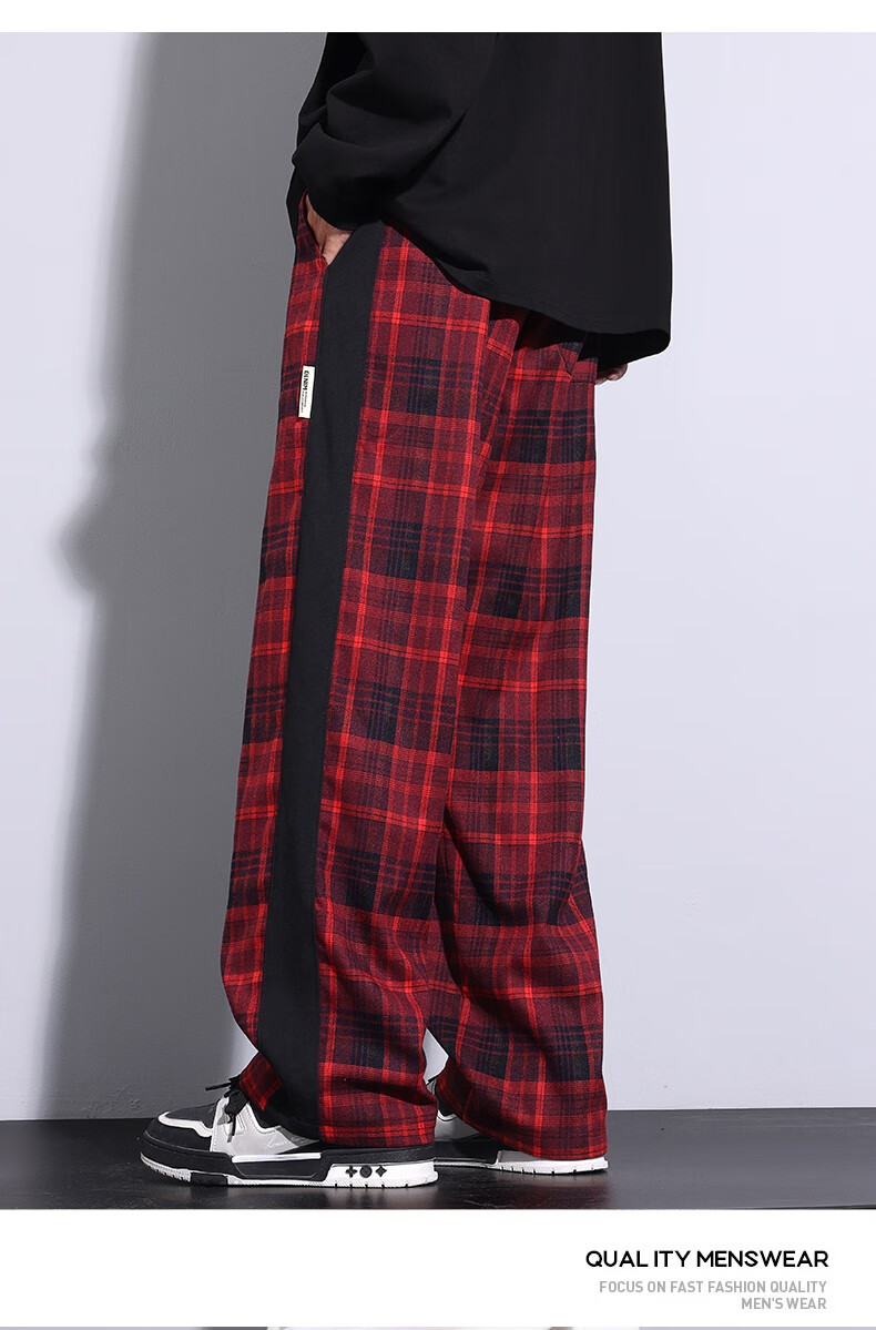 IZEXX Men's Plaid Pants, Summer American Straight Wide-Leg Loose Versatile Casual Pants, Sporty Retro Style ZL27 Gray L 13