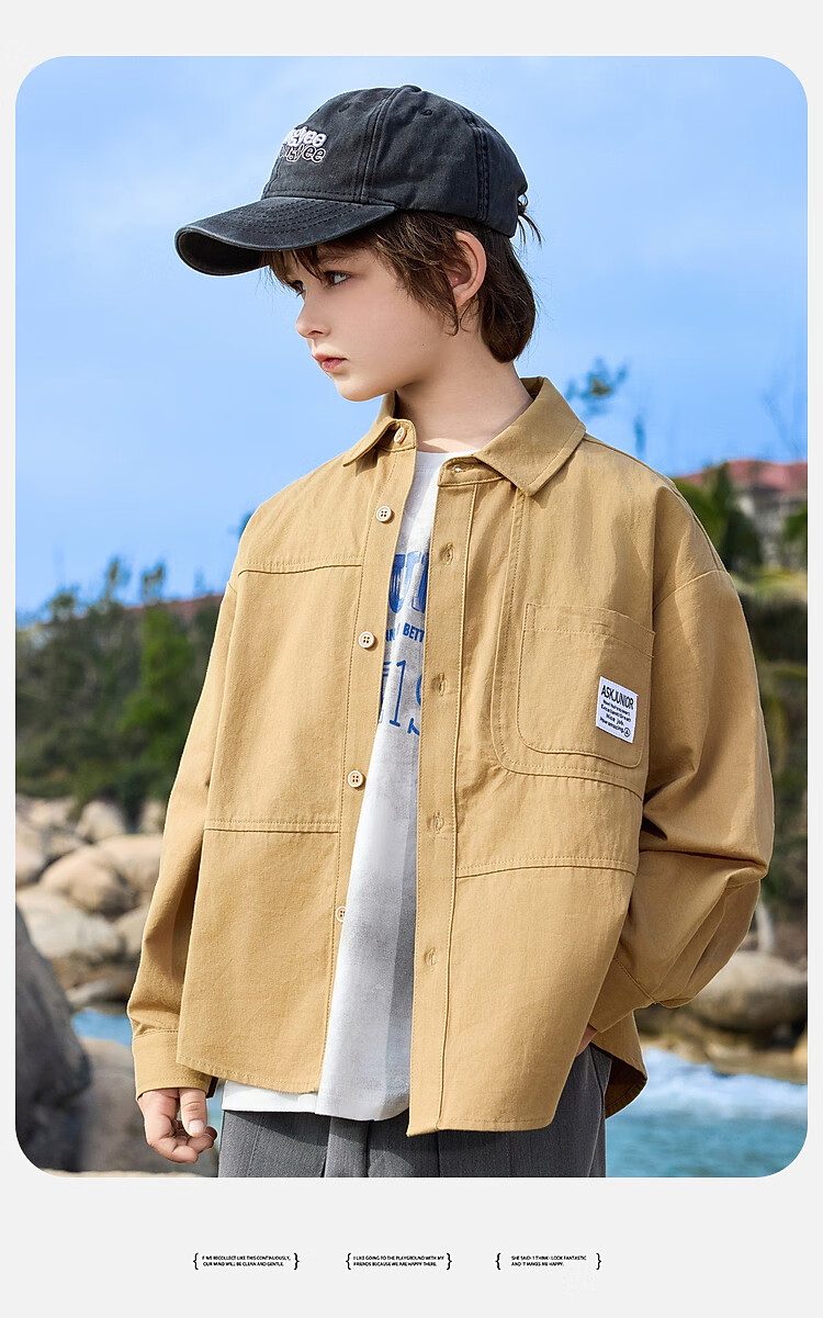 ASK JUNIOR Pure Cotton Children's Shirt 2026 Spring Lapel Long Sleeve Boys Shirt Jacket for Older Kids and Teens 17