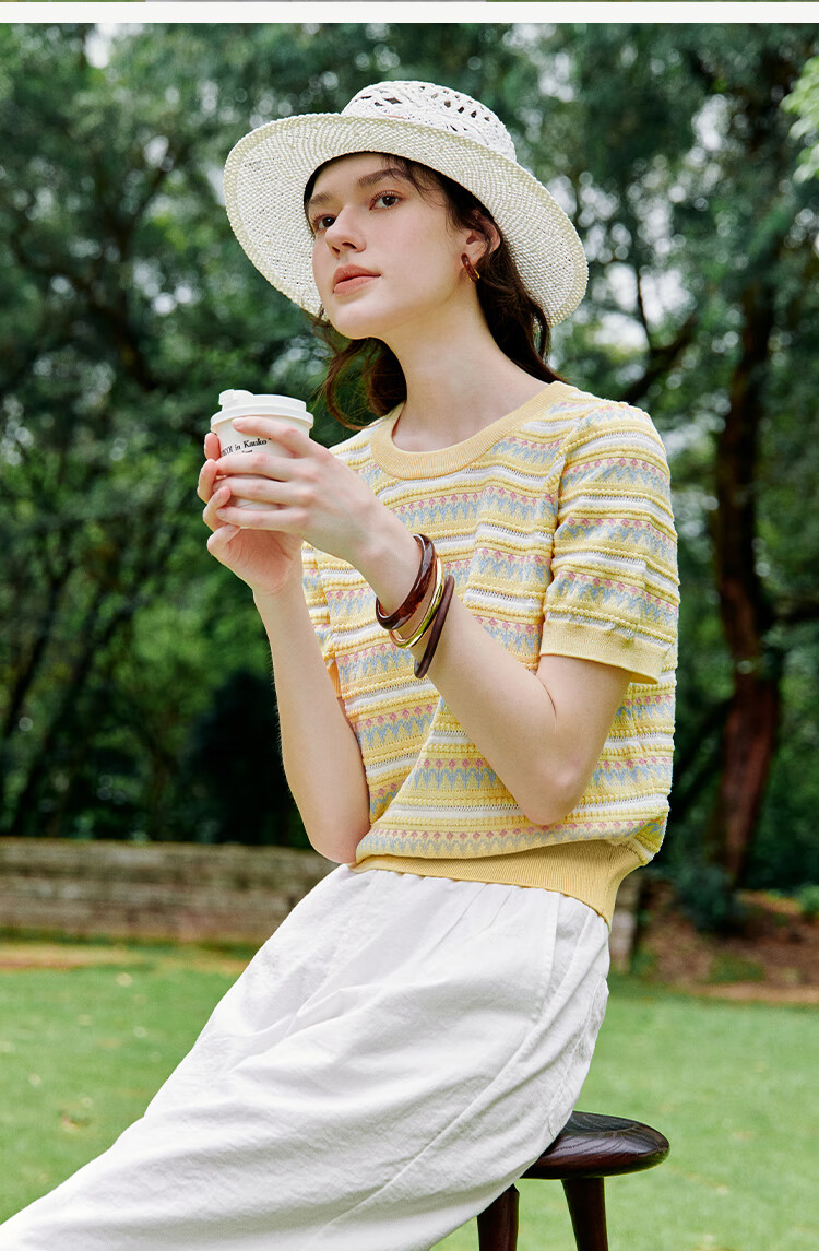 INMAN [Showroom Style] Suoluna Cool-Feeling Striped Short-Sleeve Women's Top, Summer 2026 Knitted Sweater, Yellow, Size L 9