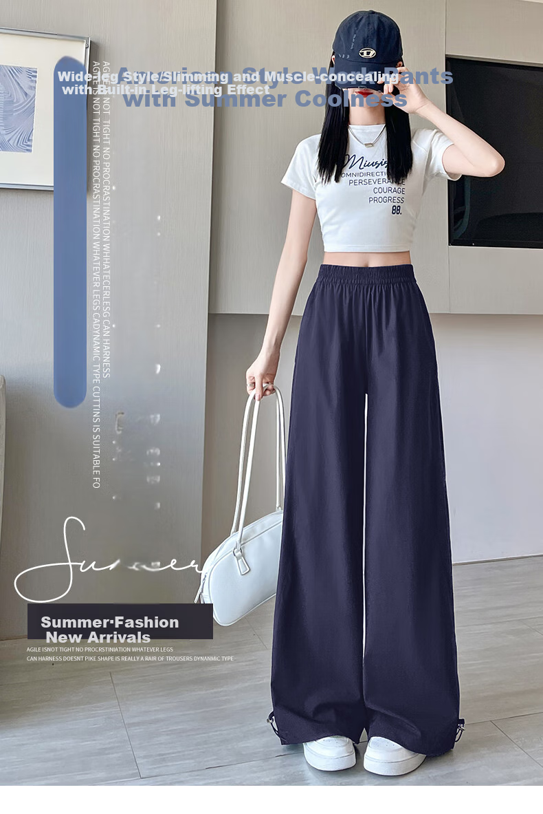 Jeanswest Navy Blue Quick-Dry Cargo Pants for Women, Summer New High-Waisted Slimming Wide-Leg Trousers, Casual Straight-Leg Pants for Petite Figures 1