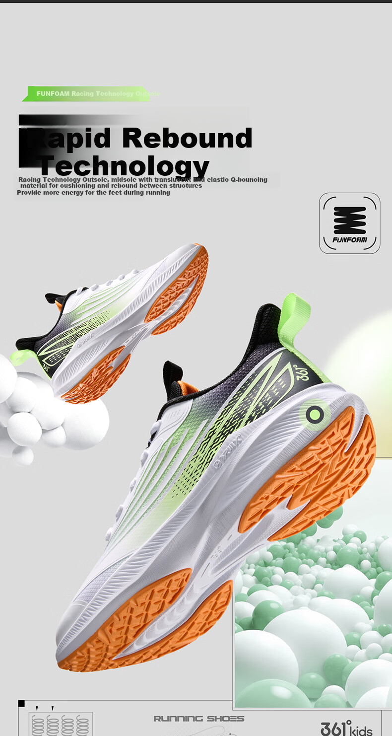 361° Shansu 3.0 Children's Racing Running Shoes, Summer Youth Breathable Quick-Rebound Sports Exam Shoes, White, Size 37 3