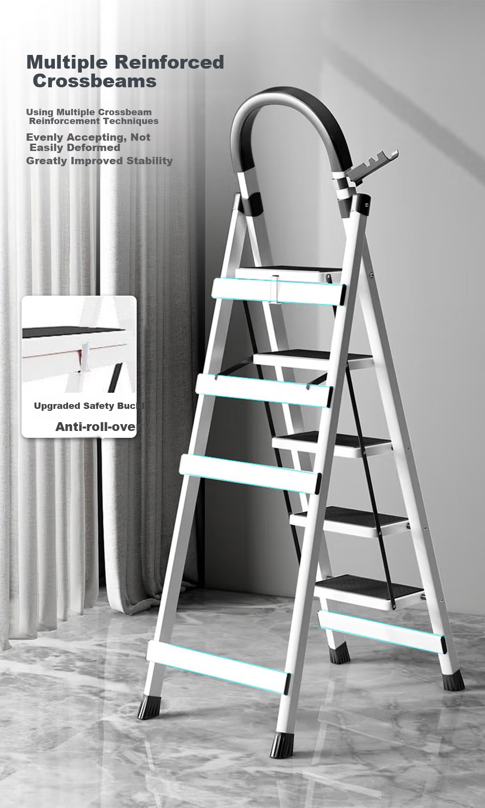 Jiuqiangu Folding Ladder for Home Use, A-Frame Ladder, Multi-Functional Indoor Climbing Ladder, Five-Step Ladder, Thickened Outdoor Ladder 9066 5