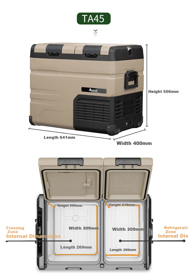 Alpicool Compressor Car Refrigerator TA45, Double-Door Freezer And Refrigerator, Compartmentalized, 12V/24V, Truck Fridge 12