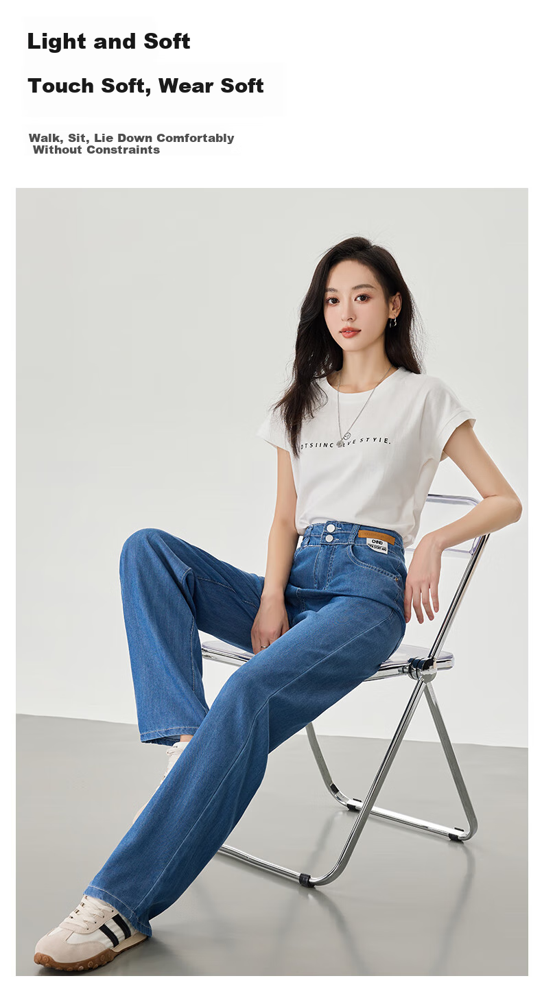 LangSha Tencel Straight-Leg Jeans for Women, Summer Lightweight High-Waist Double-Buckle Slimming Ice Silk Floor-Length Wide-Leg Pants 7
