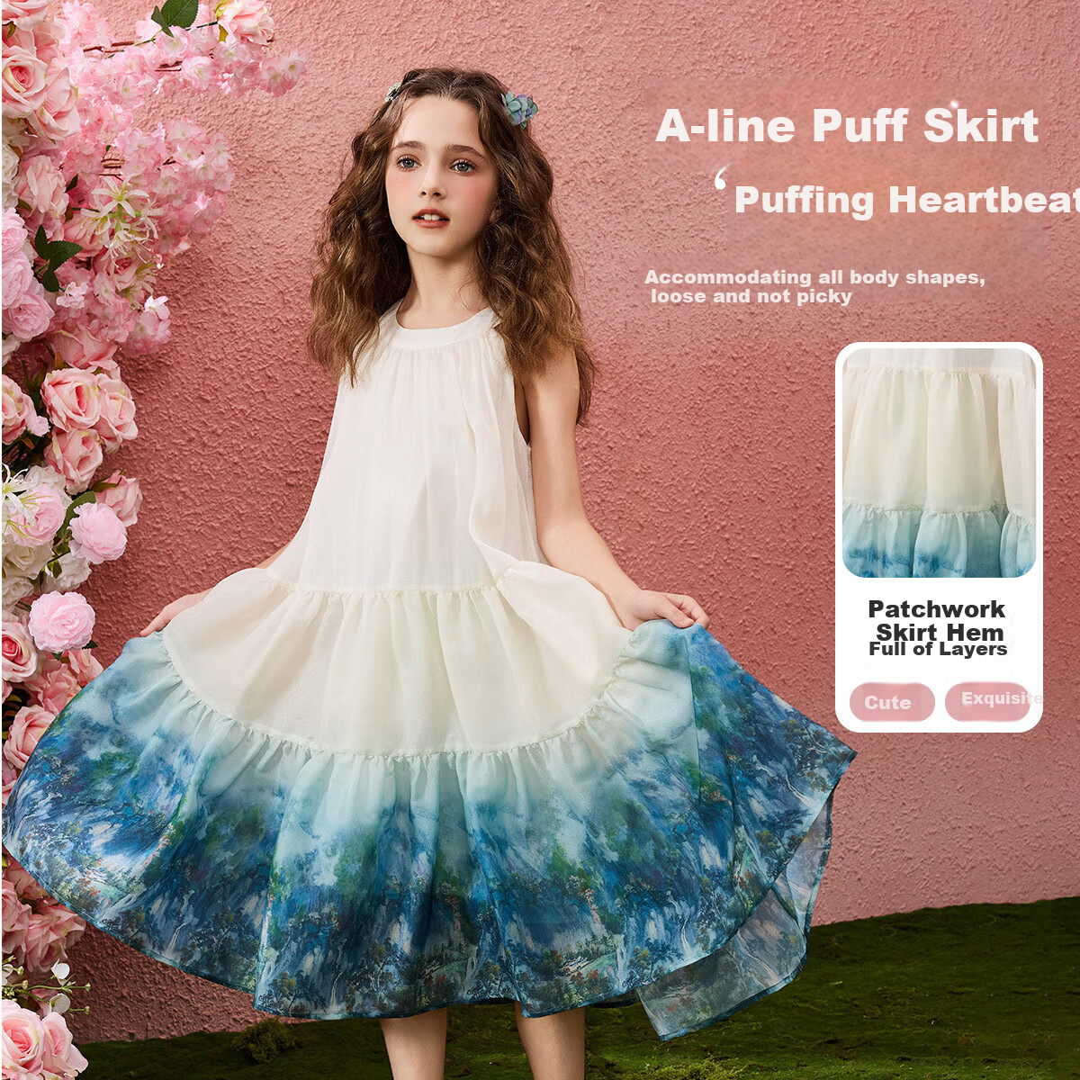 ASK JUNIOR Kids Summer Ink Wash Dress Girls Vacation Style Spaghetti Strap Princess Dress