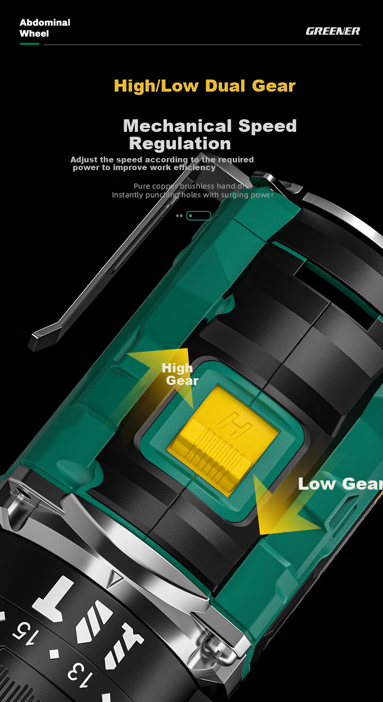 GREENER Dagaopao 16.8V Brushless Impact Drill Lithium Electric Screwdriver [Impact + Hammering] 70N.M One Battery 9