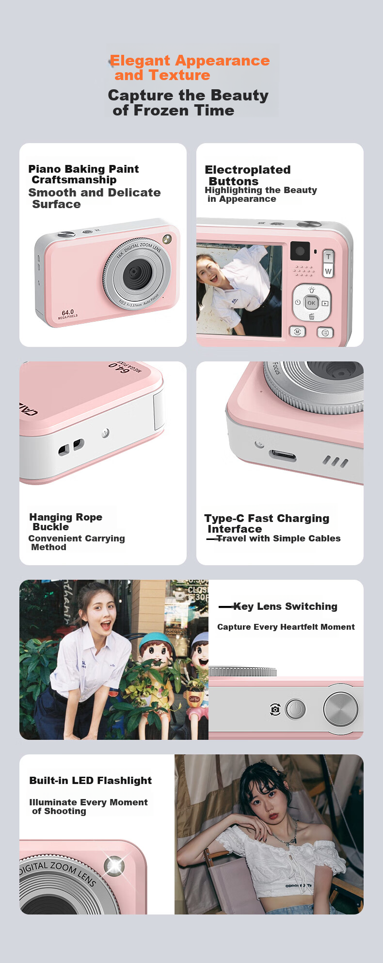 CAIZU Z1 Dual Rear Cameras 6400W Pixel Digital Camera Selfie Vlog Compact Camera for Students to Transfer Photos to Phones Alternative CCD Camera Birthday Gift Present 8