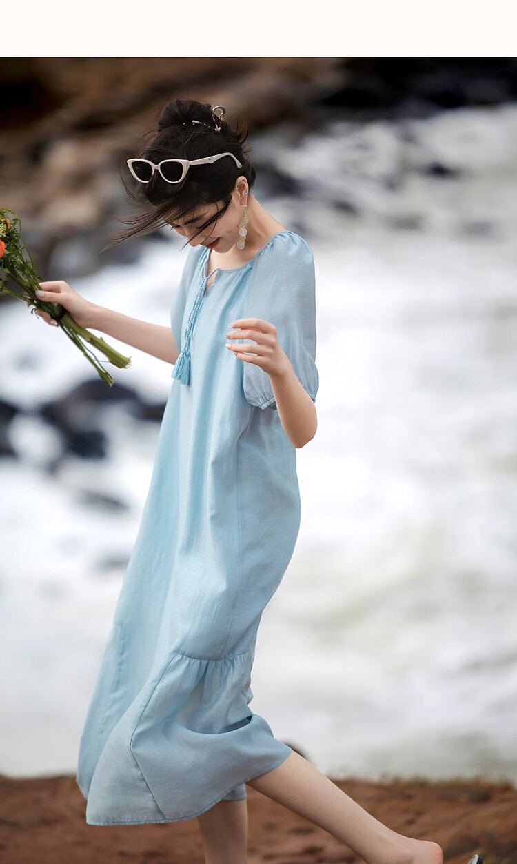 Demana "Light Breeze" Summer Cool Lyocell Embroidered Tassel Tie Split Pleated A-Line Women's Dress 25