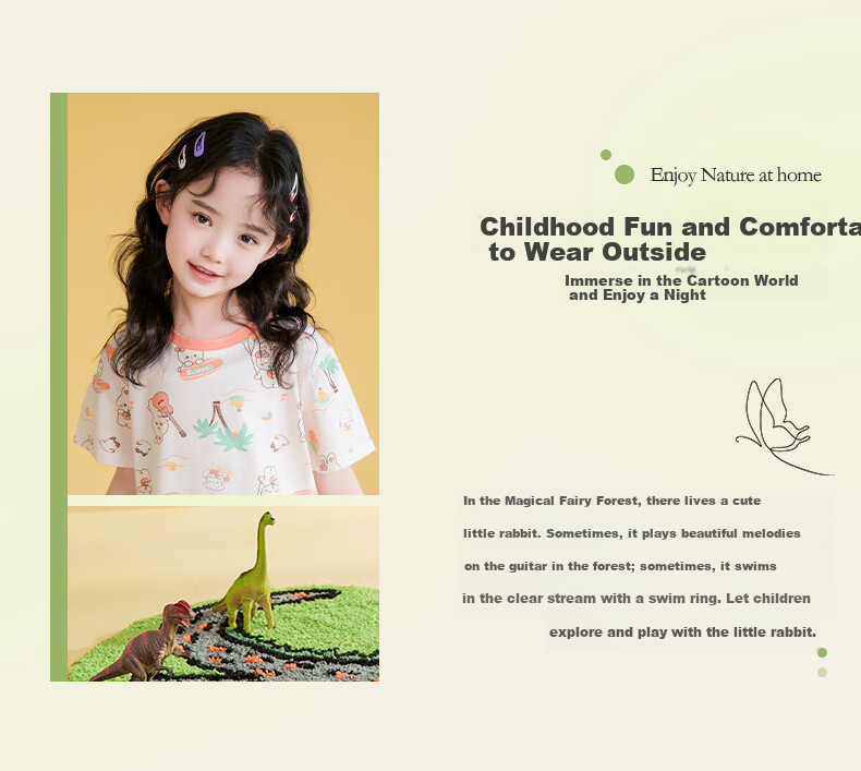 Fenteng Kids Pajamas Girls 100% Cotton Summer Round Neck Loose Cartoon Short Sleeve Shorts Homewear 15