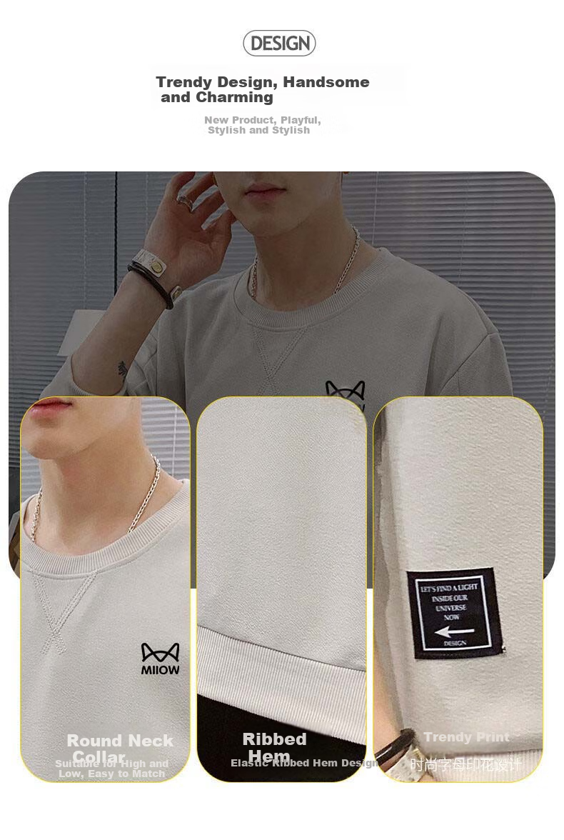 MiiOW Sweatshirt for Men, Spring And Autumn Long-Sleeve T-Shirt, Round Neck Casual Trendy Brand Top, Black, 3XL 6